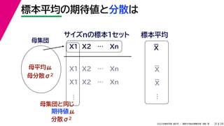 39
2022年度秋学期 統計学 ／ 関西大学総合情報学部 浅野 晃
標本平均の期待値と分散は
31
母集団
母平均μ
母分散σ2
X1 X2 … Xn
サイズnの標本１セット 標本平均
X1 X2 … Xn
X1 X2 … Xn
母集団と同じ
期待値μ
…
分散σ2
…
X
X
X
 