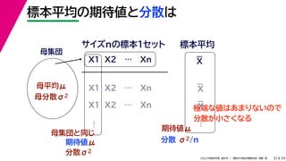 39
2022年度秋学期 統計学 ／ 関西大学総合情報学部 浅野 晃
標本平均の期待値と分散は
31
母集団
母平均μ
母分散σ2
X1 X2 … Xn
サイズnの標本１セット 標本平均
X1 X2 … Xn
X1 X2 … Xn
母集団と同じ
期待値μ
…
分散σ2
…
極端な値はあまりないので
分散が小さくなる
期待値μ
分散 σ2/n
X
X
X
 