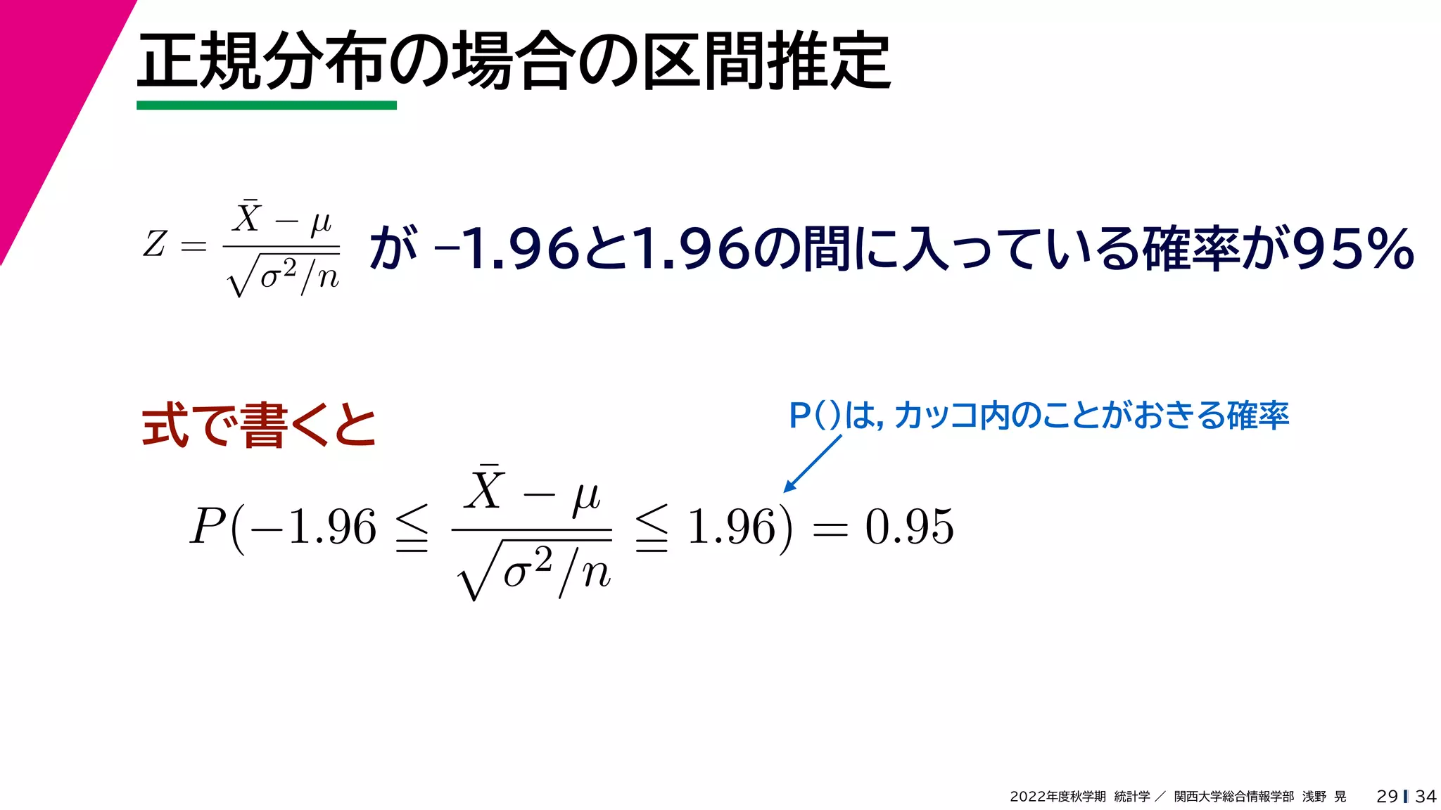 34
2022年度秋学期 統計学 ／ 関西大学総合情報学部 浅野 晃
正規分布の場合の区間推定
29
式で書くと
Z =
X̄ − µ

σ2/n
が –1.96と1.96の間に入っている確率が95%
P(−1.96 
X̄ − µ

σ2/n
 1.96) = 0.95
P()は，カッコ内のことがおきる確率
 