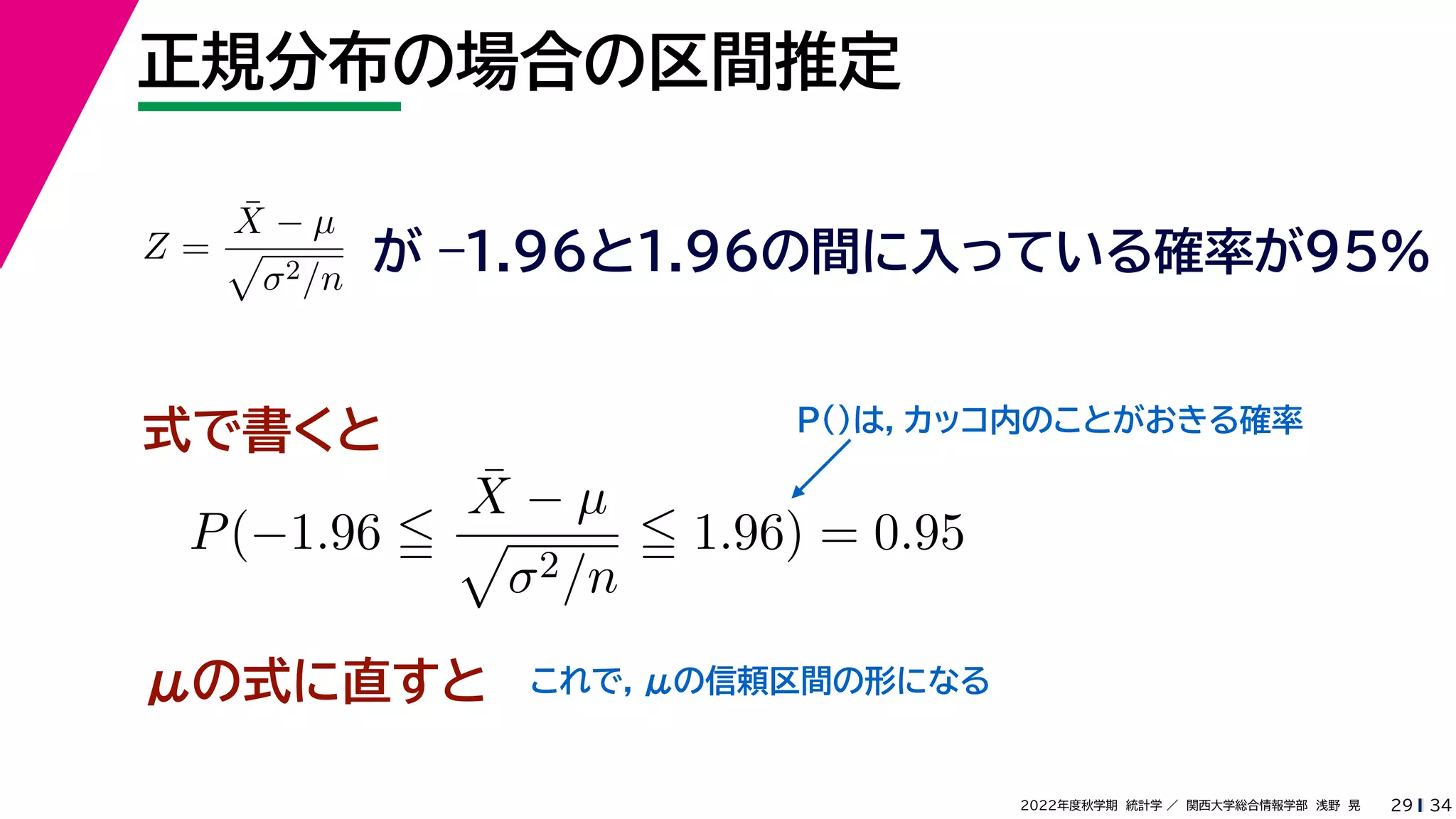 34
2022年度秋学期 統計学 ／ 関西大学総合情報学部 浅野 晃
正規分布の場合の区間推定
29
式で書くと
Z =
X̄ − µ

σ2/n
が –1.96と1.96の間に入っている確率が95%
P(−1.96 
X̄ − µ

σ2/n
 1.96) = 0.95
μの式に直すと
P()は，カッコ内のことがおきる確率
これで，μの信頼区間の形になる
 