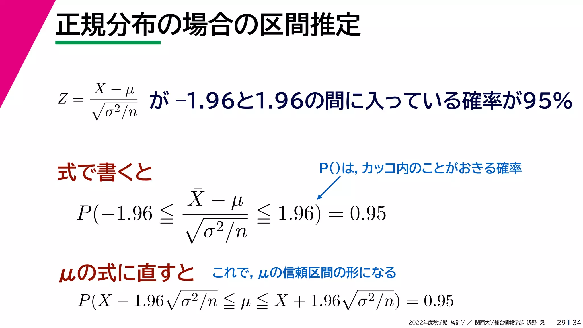 34
2022年度秋学期 統計学 ／ 関西大学総合情報学部 浅野 晃
正規分布の場合の区間推定
29
式で書くと
Z =
X̄ − µ

σ2/n
が –1.96と1.96の間に入っている確率が95%
P(−1.96 
X̄ − µ

σ2/n
 1.96) = 0.95
μの式に直すと
P(X̄ − 1.96

σ2/n  µ  X̄ + 1.96

σ2/n) = 0.95
P()は，カッコ内のことがおきる確率
これで，μの信頼区間の形になる
 