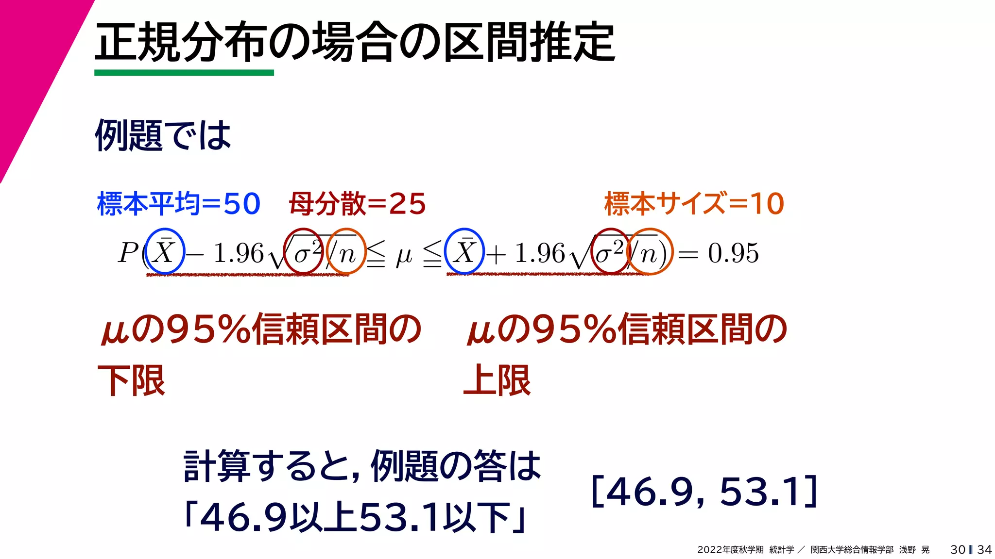 34
2022年度秋学期 統計学 ／ 関西大学総合情報学部 浅野 晃
正規分布の場合の区間推定
30
μの95%信頼区間の
下限
計算すると，例題の答は
「46.9以上53.1以下」
P(X̄ − 1.96

σ2/n  µ  X̄ + 1.96

σ2/n) = 0.95
μの95%信頼区間の
上限
例題では
標本平均=50 母分散=25 標本サイズ=10
[46.9, 53.1]
 