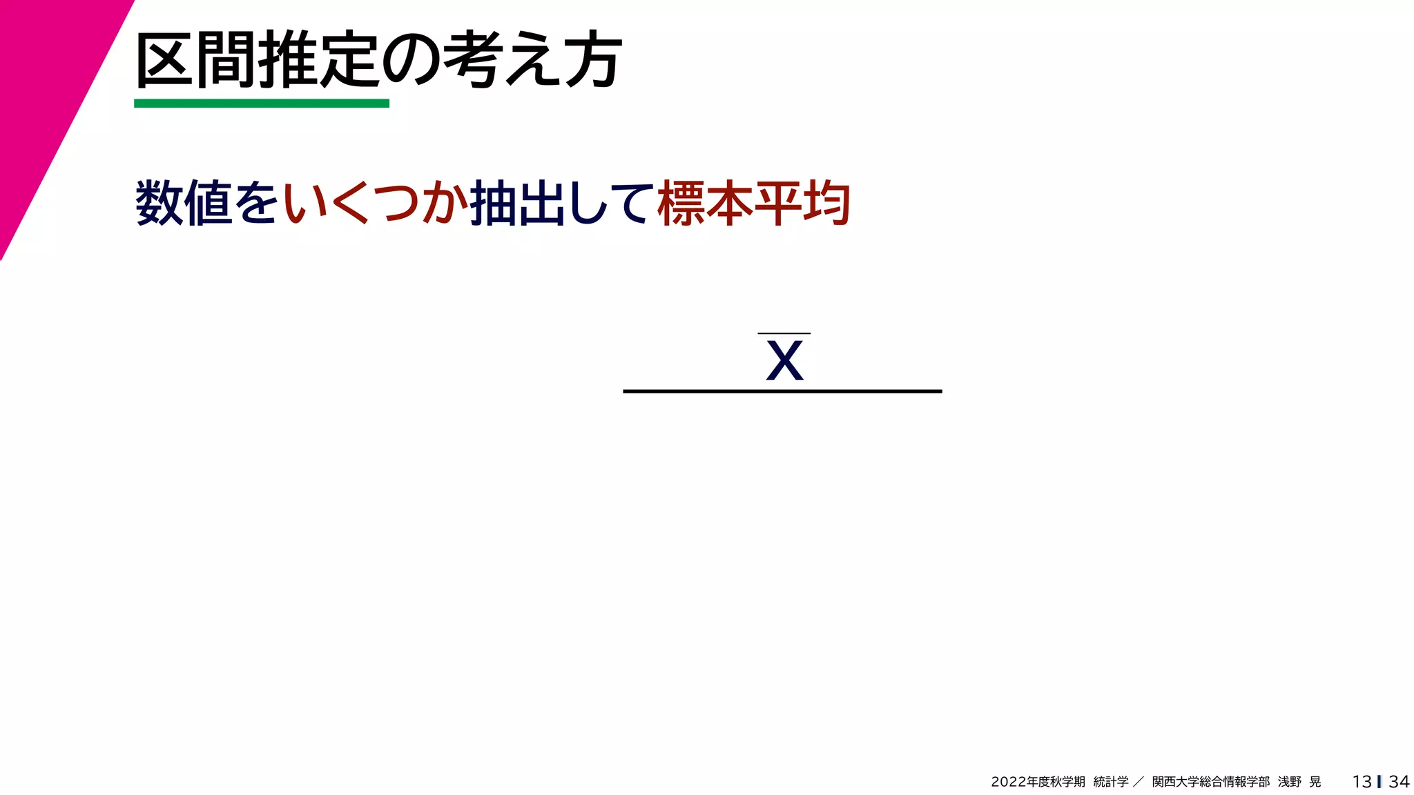 34
2022年度秋学期 統計学 ／ 関西大学総合情報学部 浅野 晃
区間推定の考え方
13
数値をいくつか抽出して標本平均
X
 