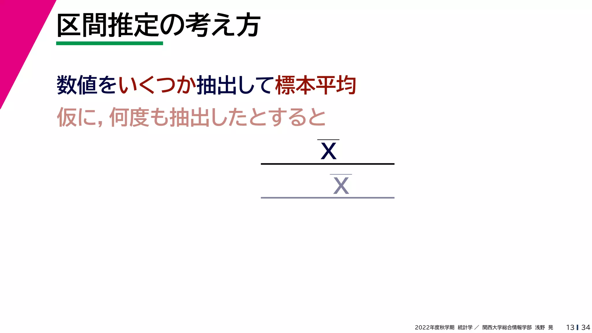 34
2022年度秋学期 統計学 ／ 関西大学総合情報学部 浅野 晃
区間推定の考え方
13
数値をいくつか抽出して標本平均
仮に，何度も抽出したとすると
X
X
 