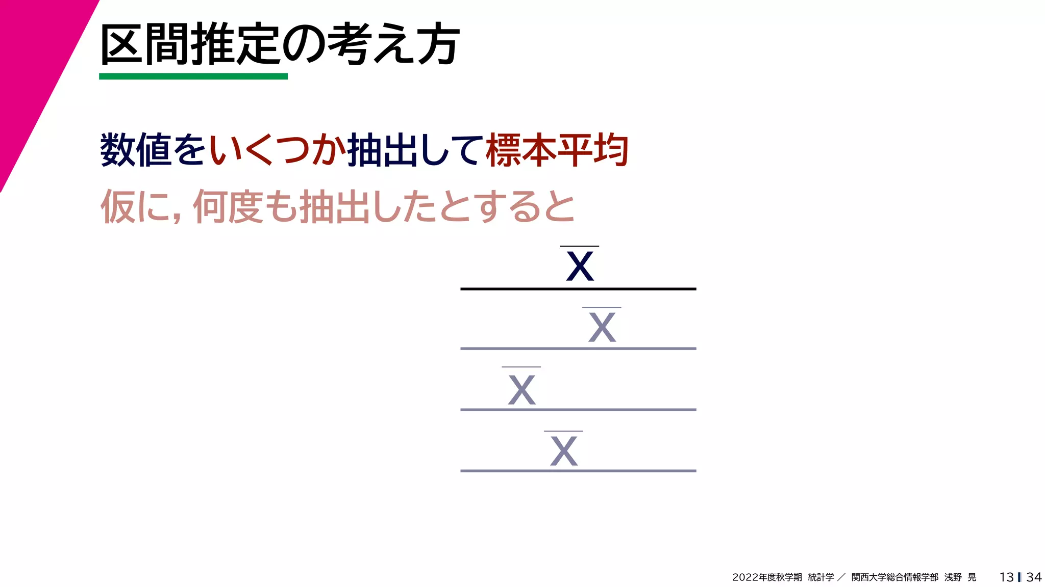 34
2022年度秋学期 統計学 ／ 関西大学総合情報学部 浅野 晃
区間推定の考え方
13
数値をいくつか抽出して標本平均
仮に，何度も抽出したとすると
X
X
X
X
 