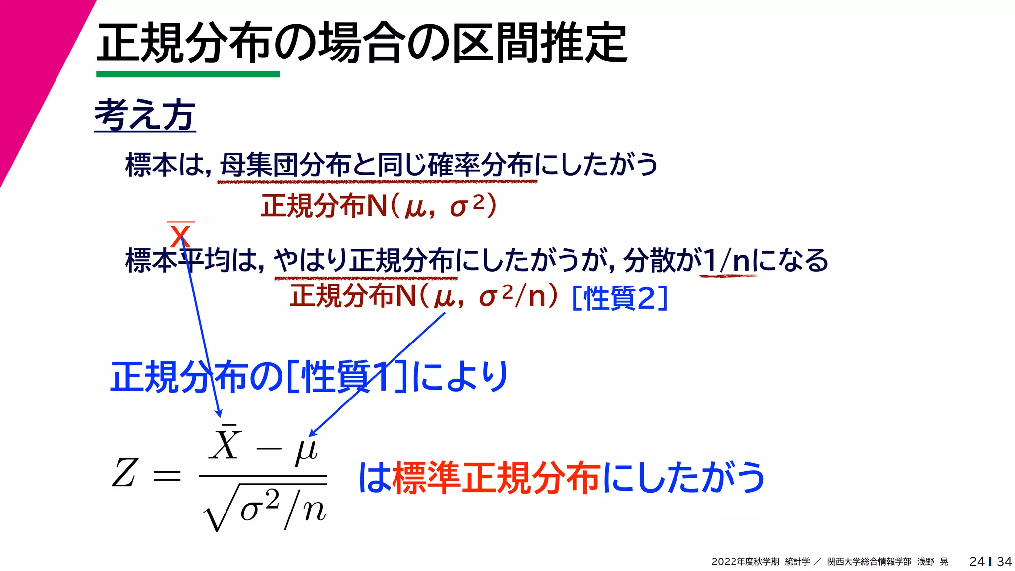 34
2022年度秋学期 統計学 ／ 関西大学総合情報学部 浅野 晃
正規分布の場合の区間推定
24
考え方
標本は，母集団分布と同じ確率分布にしたがう
正規分布N(μ, σ2)
標本平均は，やはり正規分布にしたがうが，分散が1/nになる
正規分布N(μ, σ2/n) ［性質２］
正規分布の［性質１］により
X
Z =
X̄ − µ

σ2/n
は標準正規分布にしたがう
 
