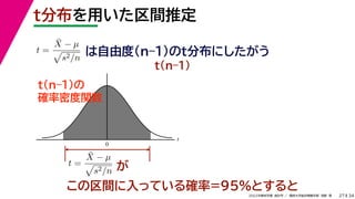 34
2022年度秋学期 統計学 ／ 関西大学総合情報学部 浅野 晃
t
0
t分布を用いた区間推定
27
この区間に入っている確率=95%とすると
は自由度(n–1)のt分布にしたがう
t(n–1)の
確率密度関数
が
t =
X̄ − µ

s2/n
t =
X̄ − µ

s2/n
t(n–1)
 