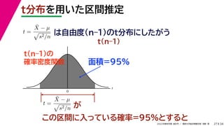 34
2022年度秋学期 統計学 ／ 関西大学総合情報学部 浅野 晃
t
0
t分布を用いた区間推定
27
この区間に入っている確率=95%とすると
は自由度(n–1)のt分布にしたがう
t(n–1)の
確率密度関数
が
面積=95%
t =
X̄ − µ

s2/n
t =
X̄ − µ

s2/n
t(n–1)
 
