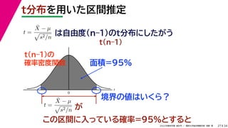 34
2022年度秋学期 統計学 ／ 関西大学総合情報学部 浅野 晃
t
0
t分布を用いた区間推定
27
この区間に入っている確率=95%とすると
は自由度(n–1)のt分布にしたがう
t(n–1)の
確率密度関数
が
面積=95%
境界の値はいくら？
t =
X̄ − µ

s2/n
t =
X̄ − µ

s2/n
t(n–1)
 
