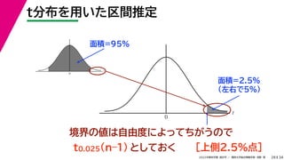 34
2022年度秋学期 統計学 ／ 関西大学総合情報学部 浅野 晃
t
0
t
0
t分布を用いた区間推定
28
面積=95%
面積=2.5%
（左右で5%）
境界の値は自由度によってちがうので
t0.025(n–1) としておく ［上側2.5%点］
 