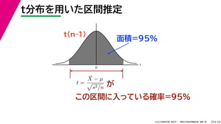 34
2022年度秋学期 統計学 ／ 関西大学総合情報学部 浅野 晃
t
0
t分布を用いた区間推定
29
この区間に入っている確率=95%
が
面積=95%
t =
X̄ − µ

s2/n
t(n–1)
 