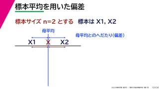 34
2022年度秋学期 統計学 ／ 関西大学総合情報学部 浅野 晃
標本平均を用いた偏差
12
標本サイズ n=2 とする 標本は X1, X2
X
X1
母平均とのへだたり（偏差）
X2
母平均
 