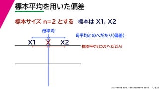 34
2022年度秋学期 統計学 ／ 関西大学総合情報学部 浅野 晃
標本平均を用いた偏差
12
標本サイズ n=2 とする 標本は X1, X2
X
X1
母平均とのへだたり（偏差）
X2
標本平均とのへだたり
母平均
 