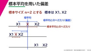 34
2022年度秋学期 統計学 ／ 関西大学総合情報学部 浅野 晃
標本平均を用いた偏差
12
標本サイズ n=2 とする 標本は X1, X2
X
X1
X2
母平均とのへだたり（偏差）
X1
X2
X
標本平均とのへだたり
X2
X1
母平均
 