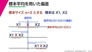 34
2022年度秋学期 統計学 ／ 関西大学総合情報学部 浅野 晃
標本平均を用いた偏差
12
標本サイズ n=2 とする 標本は X1, X2
X
X1
X2
母平均とのへだたり（偏差）
X1
X2
X
標本平均とのへだたり
X2
X1 X
母平均
 