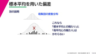 34
2022年度秋学期 統計学 ／ 関西大学総合情報学部 浅野 晃
標本平均を用いた偏差
13
別の説明
母集団の度数分布
これなら
「標本平均との隔たり」と
「母平均との隔たり」は
かわらない
X
 