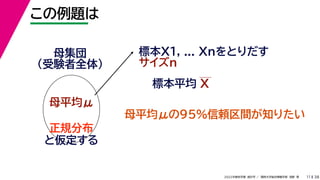 38
2022年度秋学期 統計学 ／ 関西大学総合情報学部 浅野 晃
この例題は
11
標本X1, ... Xnをとりだす
サイズn
母集団
（受験者全体）
母平均μ
母平均μの95%信頼区間が知りたい
正規分布
と仮定する
標本平均 X
 