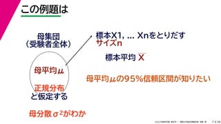 38
2022年度秋学期 統計学 ／ 関西大学総合情報学部 浅野 晃
この例題は
11
標本X1, ... Xnをとりだす
サイズn
母集団
（受験者全体）
母平均μ
母平均μの95%信頼区間が知りたい
正規分布
と仮定する
母分散σ2がわか
標本平均 X
 