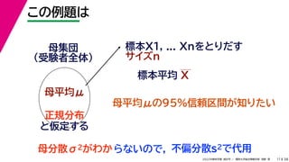 38
2022年度秋学期 統計学 ／ 関西大学総合情報学部 浅野 晃
この例題は
11
標本X1, ... Xnをとりだす
サイズn
母集団
（受験者全体）
母平均μ
母平均μの95%信頼区間が知りたい
正規分布
と仮定する
母分散σ2がわか
標本平均 X
らないので， 不偏分散s2で代用
 