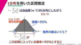 38
2022年度秋学期 統計学 ／ 関西大学総合情報学部 浅野 晃
t
0
t分布を用いた区間推定
13
この区間に入っている確率=95%とすると
は自由度(n–1)のt分布にしたがう
t(n–1)の
確率密度関数
が
面積=95%
境界の値はいくら？
t =
X̄ − µ

s2/n
t =
X̄ − µ

s2/n
t(n–1)
 