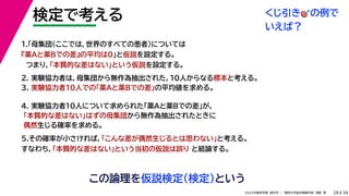 38
2022年度秋学期 統計学 ／ 関西大学総合情報学部 浅野 晃
検定で考える
28
この論理を仮説検定（検定）という
2. 実験協力者は，母集団から無作為抽出された，10人からなる標本と考える。
3. 実験協力者10人での「薬Aと薬Bでの差」の平均値を求める。
1.「母集団（ここでは，世界のすべての患者）については
『薬Aと薬Bでの差』の平均は0」と仮説を設定する。
つまり，「本質的な差はない」という仮説を設定する。
4. 実験協力者10人について求められた「薬Aと薬Bでの差」が，
「本質的な差はない」はずの母集団から無作為抽出されたときに
偶然生じる確率を求める。
5.その確率が小さければ，「こんな差が偶然生じるとは思わない」と考える。
すなわち，「本質的な差はない」という当初の仮説は誤り と結論する。
くじ引き🎯🎯の例で
いえば？
 