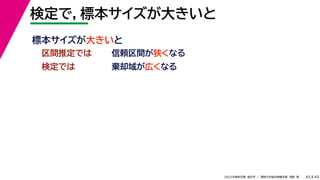 45
2022年度秋学期 統計学 ／ 関西大学総合情報学部 浅野 晃
検定で，標本サイズが大きいと
45
区間推定では 信頼区間が狭くなる
検定では 棄却域が広くなる
標本サイズが大きいと
 