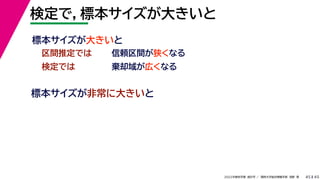 45
2022年度秋学期 統計学 ／ 関西大学総合情報学部 浅野 晃
検定で，標本サイズが大きいと
45
区間推定では
標本サイズが非常に大きいと
信頼区間が狭くなる
検定では 棄却域が広くなる
標本サイズが大きいと
 