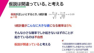 45
2022年度秋学期 統計学 ／ 関西大学総合情報学部 浅野 晃
仮説は間違っている，と考える
12
そんな小さな確率でしか起きないはずのことが
起きているのは不自然
仮説が正しいとするとき，t統計量 t =
X̄ − μ
s2
n
=
2 − 0
8.89
10
= + 2.121
t統計量がこんなに大きな値になる確率は5%
仮説が間違っていると考える
μ＝０
🎯🎯
10回全部外れる確率は約0.001
そんな確率でしか起きないはずの
ことが起きているのは不自然
 
