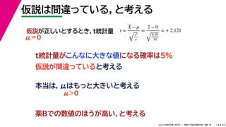 45
2022年度秋学期 統計学 ／ 関西大学総合情報学部 浅野 晃
仮説は間違っている，と考える
14
本当は，μはもっと大きいと考える
仮説が正しいとするとき，t統計量 t =
X̄ − μ
s2
n
=
2 − 0
8.89
10
= + 2.121
t統計量がこんなに大きな値になる確率は5%
仮説が間違っていると考える
μ＝０
μ０
薬Bでの数値のほうが高い，と考える
 