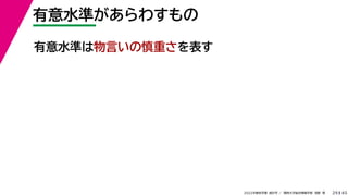 45
2022年度秋学期 統計学 ／ 関西大学総合情報学部 浅野 晃
有意水準があらわすもの
29
有意水準は物言いの慎重さを表す
 