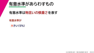 45
2022年度秋学期 統計学 ／ 関西大学総合情報学部 浅野 晃
有意水準があらわすもの
29
大きい（5%）
有意水準が
有意水準は物言いの慎重さを表す
 