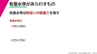 45
2022年度秋学期 統計学 ／ 関西大学総合情報学部 浅野 晃
有意水準があらわすもの
29
大きい（5%）
小さい（1%）
有意水準が
有意水準は物言いの慎重さを表す
 