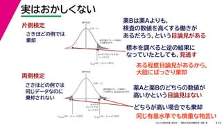 45
2022年度秋学期 統計学 ／ 関西大学総合情報学部 浅野 晃
実はおかしくない
薬Bは薬Aよりも，
検査の数値を高くする働きが
あるだろう，という目論見がある
薬Aと薬Bのどちらの数値が
高いかという目論見はない
片側検定
両側検定
t
確率密度
t0.05
(10 – 1) = +1.8331
μ = 0 が正しいとすると
t = +2.121
t(10 – 1)
t統計量がグレーの領域に
入る確率は5%
t
0
確率密度
t0.025(10 – 1) = +2.2622
μ = 0 が
正しいとすると
t = +2.121
t統計量がグレーの領域に
入る確率は，
左右合わせて5%
t(10 – 1)
– t0.025(10 – 1) = –2.2622
標本を調べると逆の結果に
なっていたとしても，見逃す
ある程度目論見があるから，
大胆にばっさり棄却
どちらが高い場合でも棄却
同じ有意水準でも慎重な物言い
さきほどの例では
棄却
さきほどの例では
同じデータなのに
棄却されない
 