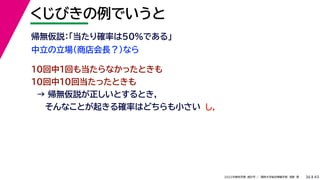 45
2022年度秋学期 統計学 ／ 関西大学総合情報学部 浅野 晃
くじびきの例でいうと
36
中立の立場（商店会長？）なら
帰無仮説：「当たり確率は50%である」
10回中1回も当たらなかったときも
10回中10回当たったときも
→ 帰無仮説が正しいとするとき，
そんなことが起きる確率はどちらも小さい し，
 