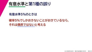 45
2022年度秋学期 統計学 ／ 関西大学総合情報学部 浅野 晃
有意水準と第１種の誤り
38
確率5%でしかおきないことがおきているなら，
それは偶然ではないと考える
有意水準5%のときは
 