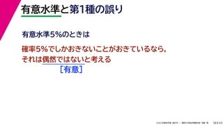 45
2022年度秋学期 統計学 ／ 関西大学総合情報学部 浅野 晃
有意水準と第１種の誤り
38
確率5%でしかおきないことがおきているなら，
それは偶然ではないと考える
［有意］
有意水準5%のときは
 