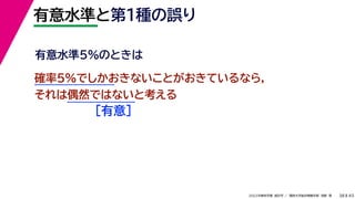 45
2022年度秋学期 統計学 ／ 関西大学総合情報学部 浅野 晃
有意水準と第１種の誤り
38
確率5%でしかおきないことがおきているなら，
それは偶然ではないと考える
［有意］
有意水準5%のときは
 