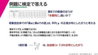 45
2022年度秋学期 統計学 ／ 関西大学総合情報学部 浅野 晃
例題に検定で答える
8
母集団全体での「薬Aと薬Bでの差」は，平均 μ の正規分布にしたがうと考える
薬Bでの数値のほうが
「本質的に」高いか？
標本サイズを n（例題では10）
標本平均を X（例題では，10人の実験協力者における差の平均値で，+2）
不偏分散を s2（例題では，10人の実験協力者についての不偏分散で，8.89）
t =
X − µ

s2
n
t統計量 は，自由度(n–1)のt分布にしたがう
実験協力者番号 1 2 3 4 5 6 7 8 9 10
薬 A 60 65 50 70 80 40 30 80 50 60
薬 B 64 63 48 75 83 38 32 83 53 66
差 4 −2 −2 5 3 −2 2 3 3 6
 