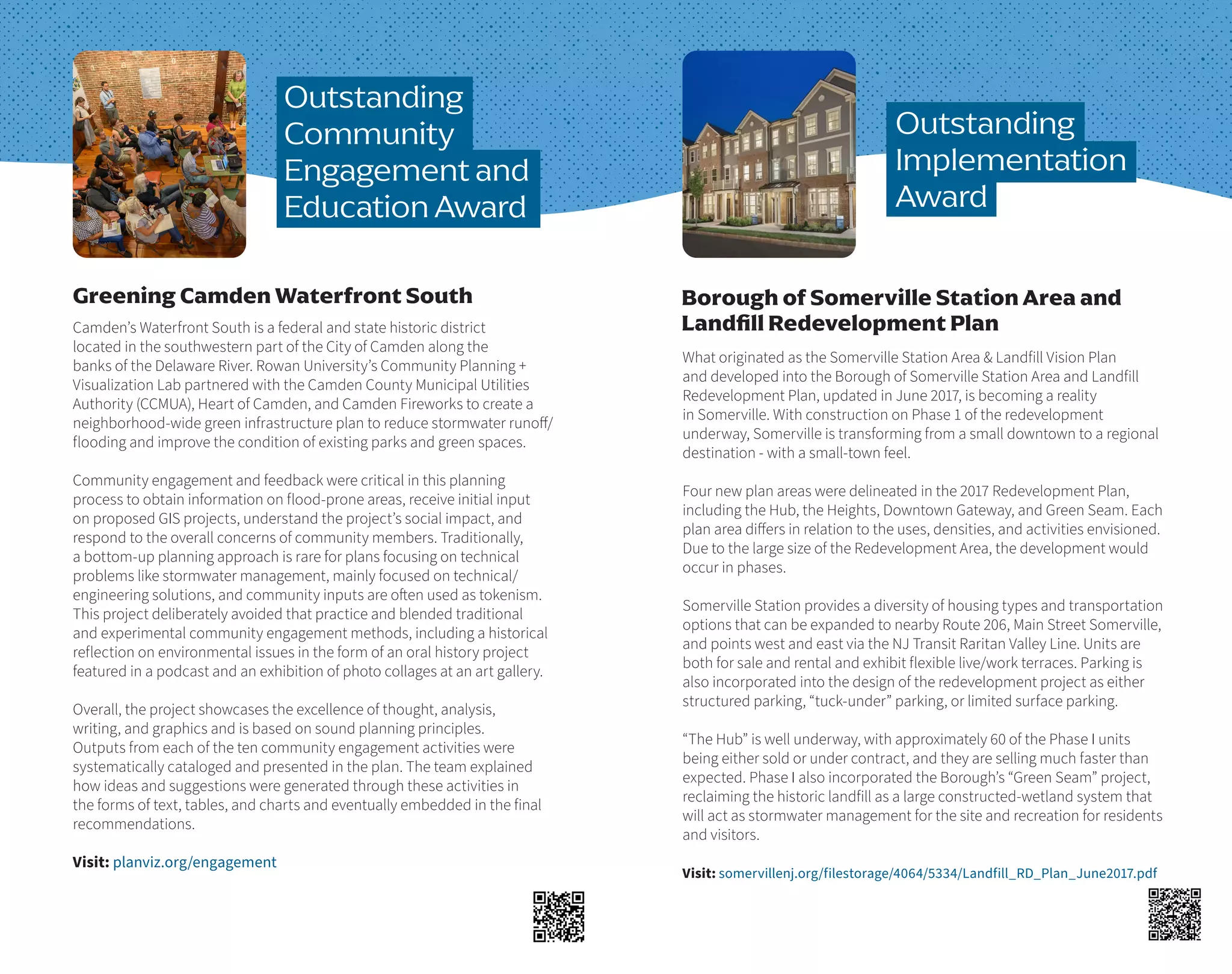 Camden’s Waterfront South is a federal and state historic district
located in the southwestern part of the City of Camden along the
banks of the Delaware River. Rowan University’s Community Planning +
Visualization Lab partnered with the Camden County Municipal Utilities
Authority (CCMUA), Heart of Camden, and Camden Fireworks to create a
neighborhood-wide green infrastructure plan to reduce stormwater runoff/
flooding and improve the condition of existing parks and green spaces.
Community engagement and feedback were critical in this planning
process to obtain information on flood-prone areas, receive initial input
on proposed GIS projects, understand the project’s social impact, and
respond to the overall concerns of community members. Traditionally,
a bottom-up planning approach is rare for plans focusing on technical
problems like stormwater management, mainly focused on technical/
engineering solutions, and community inputs are often used as tokenism.
This project deliberately avoided that practice and blended traditional
and experimental community engagement methods, including a historical
reflection on environmental issues in the form of an oral history project
featured in a podcast and an exhibition of photo collages at an art gallery.
Overall, the project showcases the excellence of thought, analysis,
writing, and graphics and is based on sound planning principles.
Outputs from each of the ten community engagement activities were
systematically cataloged and presented in the plan. The team explained
how ideas and suggestions were generated through these activities in
the forms of text, tables, and charts and eventually embedded in the final
recommendations.
Visit: planviz.org/engagement
Greening Camden Waterfront South
What originated as the Somerville Station Area & Landfill Vision Plan
and developed into the Borough of Somerville Station Area and Landfill
Redevelopment Plan, updated in June 2017, is becoming a reality
in Somerville. With construction on Phase 1 of the redevelopment
underway, Somerville is transforming from a small downtown to a regional
destination - with a small-town feel.
Four new plan areas were delineated in the 2017 Redevelopment Plan,
including the Hub, the Heights, Downtown Gateway, and Green Seam. Each
plan area differs in relation to the uses, densities, and activities envisioned.
Due to the large size of the Redevelopment Area, the development would
occur in phases.
Somerville Station provides a diversity of housing types and transportation
options that can be expanded to nearby Route 206, Main Street Somerville,
and points west and east via the NJ Transit Raritan Valley Line. Units are
both for sale and rental and exhibit flexible live/work terraces. Parking is
also incorporated into the design of the redevelopment project as either
structured parking, “tuck-under” parking, or limited surface parking.
“The Hub” is well underway, with approximately 60 of the Phase I units
being either sold or under contract, and they are selling much faster than
expected. Phase I also incorporated the Borough’s “Green Seam” project,
reclaiming the historic landfill as a large constructed-wetland system that
will act as stormwater management for the site and recreation for residents
and visitors.
Visit: somervillenj.org/filestorage/4064/5334/Landfill_RD_Plan_June2017.pdf
Borough of Somerville Station Area and
Landfill Redevelopment Plan
Outstanding
Implementation
Award
Outstanding
Community
Engagement and
Education Award
 