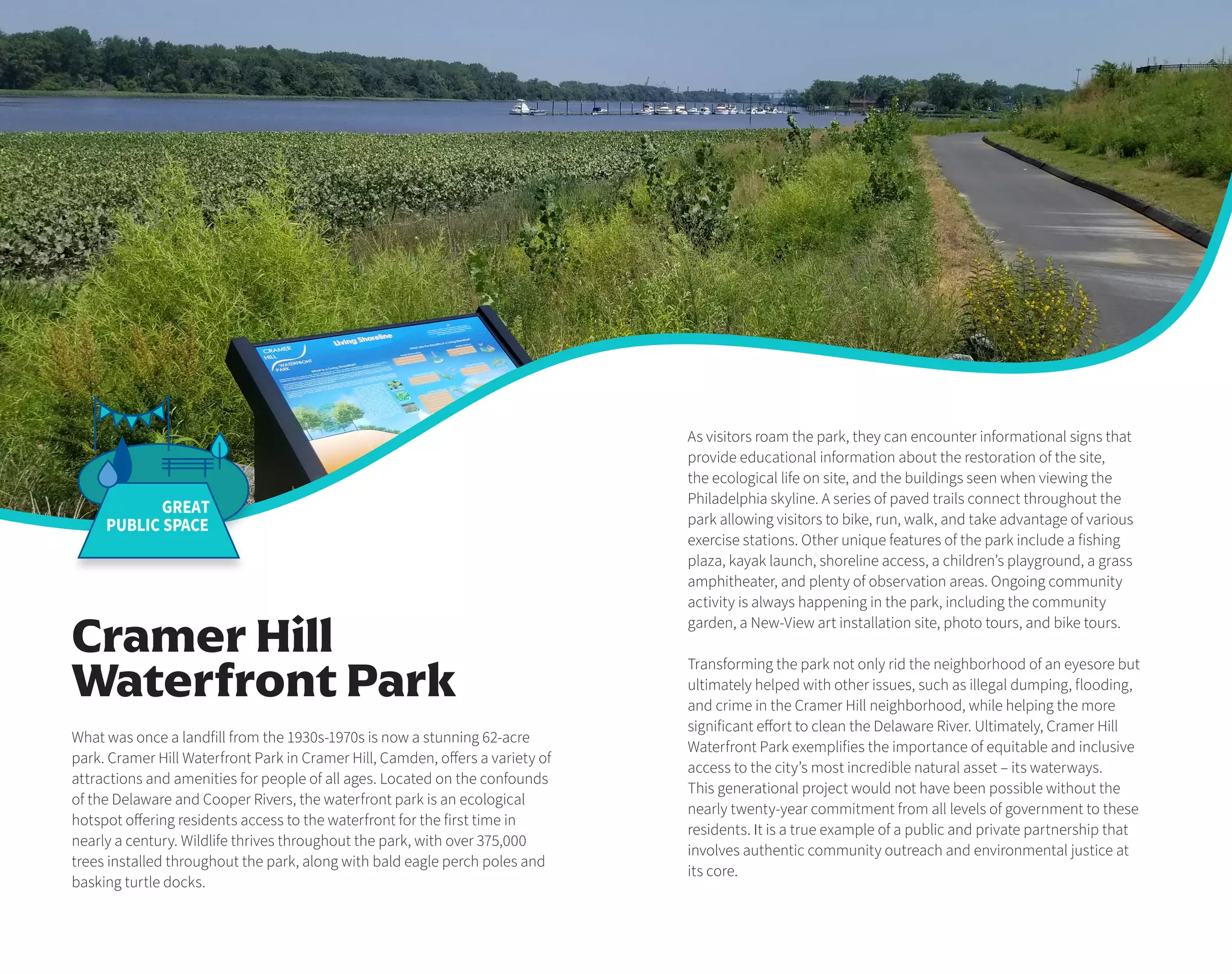 As visitors roam the park, they can encounter informational signs that
provide educational information about the restoration of the site,
the ecological life on site, and the buildings seen when viewing the
Philadelphia skyline. A series of paved trails connect throughout the
park allowing visitors to bike, run, walk, and take advantage of various
exercise stations. Other unique features of the park include a fishing
plaza, kayak launch, shoreline access, a children’s playground, a grass
amphitheater, and plenty of observation areas. Ongoing community
activity is always happening in the park, including the community
garden, a New-View art installation site, photo tours, and bike tours.
Transforming the park not only rid the neighborhood of an eyesore but
ultimately helped with other issues, such as illegal dumping, flooding,
and crime in the Cramer Hill neighborhood, while helping the more
significant effort to clean the Delaware River. Ultimately, Cramer Hill
Waterfront Park exemplifies the importance of equitable and inclusive
access to the city’s most incredible natural asset – its waterways.
This generational project would not have been possible without the
nearly twenty-year commitment from all levels of government to these
residents. It is a true example of a public and private partnership that
involves authentic community outreach and environmental justice at
its core.
What was once a landfill from the 1930s-1970s is now a stunning 62-acre
park. Cramer Hill Waterfront Park in Cramer Hill, Camden, offers a variety of
attractions and amenities for people of all ages. Located on the confounds
of the Delaware and Cooper Rivers, the waterfront park is an ecological
hotspot offering residents access to the waterfront for the first time in
nearly a century. Wildlife thrives throughout the park, with over 375,000
trees installed throughout the park, along with bald eagle perch poles and
basking turtle docks.
Cramer Hill
Waterfront Park
GREAT
PUBLIC SPACE
 