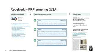 Regelverk – FRP armering (USA)
RISE — Research Institutes of Sweden
17
ACI kommitté 440 Exempel rapport/riktlinjer Nästa s...