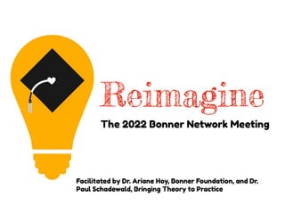 Reimagine
The 2022 Bonner Network Meeting
Facilitated by Dr. Ariane Hoy, Bonner Foundation, and Dr.
Paul Schadewald, Bringing Theory to Practice
 