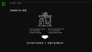 ‘인생네컷 부스 창업’
- 1500~2000만원(개당)
- 서버개설비 100만원(개당)
- 12평 이상규모 출점가능 = 평균 3대 - 평당 350~360만원 인테리어 비용
- CCTV 5대 기준 100만원
- 시스템 냉난방 에어컨 300만원
최소비용 9400만원 로열티 월 매출 8%
서비스 구체화 창업비용
 