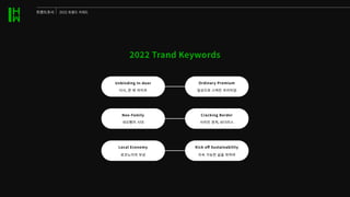 트렌드조사 2022 트렌드 키위드
���� Trand Keywords
Unbinding In-door
다시, 문�밖�라이프
네오팸의�시대
로코노미의�부상
일상으로�스며든�프리미엄
사라진�경계, 보더리스
지속�가능한�삶을�위하여
Neo-Family
Local Economy
Ordinary Premium
Cracking Border
Kick oﬀ Sustainability
 