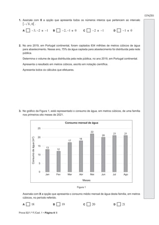 Prova 92/1.ª F./Cad. 1 • Página 4/ 8
1. Assinala com X a opção que apresenta todos os números inteiros que pertencem ao intervalo
,
8 0
−
6 6 .
A e
,
3 2 1
− − − B e
,
2 1 0
− − C e
2 1
− − D e
1 0
−
2. No ano 2019, em Portugal continental, foram captados 834 milhões de metros cúbicos de água
para abastecimento. Nesse ano, 75% da água captada para abastecimento foi distribuída pela rede
pública.
Determina o volume de água distribuída pela rede pública, no ano 2019, em Portugal continental.
Apresenta o resultado em metros cúbicos, escrito em notação científica.
Apresenta todos os cálculos que efetuares.
3. No gráfico da Figura 1, está representado o consumo de água, em metros cúbicos, de uma família
nos primeiros oito meses de 2021.
13
12
17
18
22
20
21 21
0
5
10
15
20
25
Jan Fev Mar Abr Mai Jun Jul Ago
Consumo
de
água
(
m
3
)
Meses
Consumo mensal de água
Figura 1
Assinala com X a opção que apresenta o consumo médio mensal de água desta família, em metros
cúbicos, no período referido.
A 18 B 19 C 20 D 21
COTAÇÕES
 