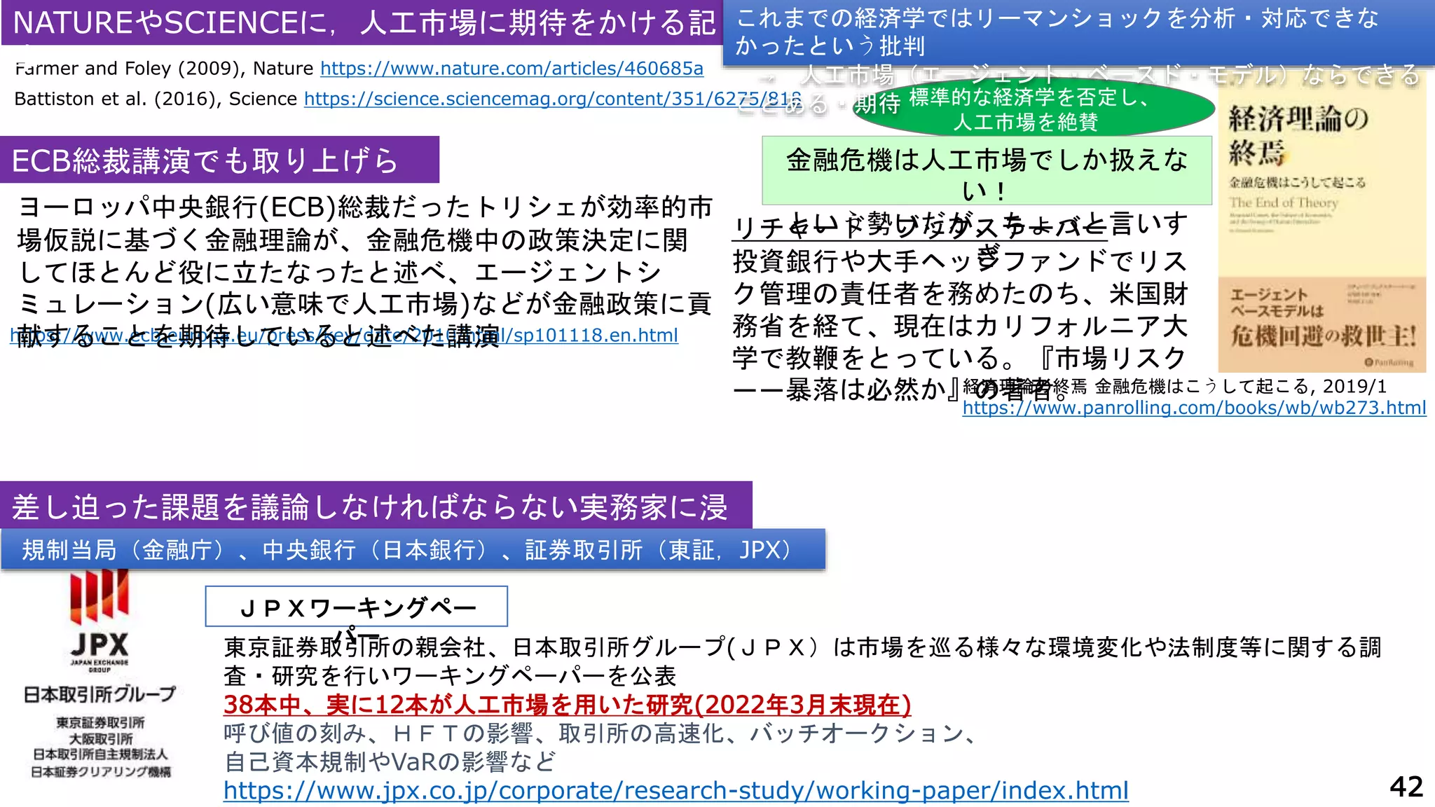Farmer and Foley (2009), Nature https://www.nature.com/articles/460685a
NATUREやSCIENCEに，人工市場に期待をかける記
事
Battiston et al. (2016), Science https://science.sciencemag.org/content/351/6275/818
差し迫った課題を議論しなければならない実務家に浸
透
東京証券取引所の親会社、日本取引所グループ(ＪＰＸ）は市場を巡る様々な環境変化や法制度等に関する調
査・研究を行いワーキングペーパーを公表
38本中、実に12本が人工市場を用いた研究(2022年3月末現在)
呼び値の刻み、ＨＦＴの影響、取引所の高速化、バッチオークション、
自己資本規制やVaRの影響など
https://www.jpx.co.jp/corporate/research-study/working-paper/index.html
ＪＰＸワーキングペー
パー
規制当局（金融庁）、中央銀行（日本銀行）、証券取引所（東証，JPX）
経済理論の終焉 金融危機はこうして起こる, 2019/1
https://www.panrolling.com/books/wb/wb273.html
標準的な経済学を否定し、
人工市場を絶賛
金融危機は人工市場でしか扱えな
い！
という勢いだが、ちょっと言いす
ぎ
リチャード・ブックステーバー
投資銀行や大手ヘッジファンドでリス
ク管理の責任者を務めたのち、米国財
務省を経て、現在はカリフォルニア大
学で教鞭をとっている。『市場リスク
――暴落は必然か』の著者。
42
ECB総裁講演でも取り上げら
れる
https://www.ecb.europa.eu/press/key/date/2010/html/sp101118.en.html
ヨーロッパ中央銀行(ECB)総裁だったトリシェが効率的市
場仮説に基づく金融理論が、金融危機中の政策決定に関
してほとんど役に立たなったと述べ、エージェントシ
ミュレーション(広い意味で人工市場)などが金融政策に貢
献することを期待していると述べた講演
これまでの経済学ではリーマンショックを分析・対応できな
かったという批判
→ 人工市場（エージェント・ベースド・モデル）ならできる
ことある・期待
 