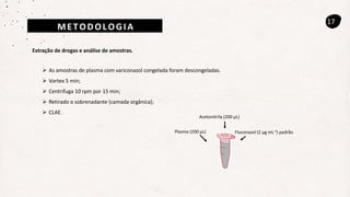 17
Extração de drogas e análise de amostras.
 As amostras de plasma com variconazol congelada foram descongeladas.
 Vortex 5 min;
 Centrifuga 10 rpm por 15 min;
 Retirado o sobrenadante (camada orgânica);
 CLAE.
METODOLOGIA
Plasma (200 µL) Fluconazol (2 µg mL-1) padrão
Acetonitrila (200 µL)
 