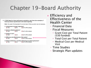  Efficiency and
Effectiveness of the
Health Center
◦ Financial Data
◦ Fiscal Measures
 Grant Cost per Total Patient
(330 funded)
 Total Cost per Total Patient
 Medical Cost per Medical
Visit
◦ Time Studies
◦ Strategic Plan updates
 