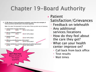  Patient
Satisfaction/Grievances
◦ Feedback on telehealth
◦ Any additional
services/locations
◦ How do they feel about
the care they get?
◦ What can your health
center improve on?
 Call back from back office
 Test results
 Wait times
BEST PRACTICE:
Report results to
the board
quarterly
 