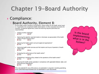  Compliance:
◦ Board Authority, Element B:
 
